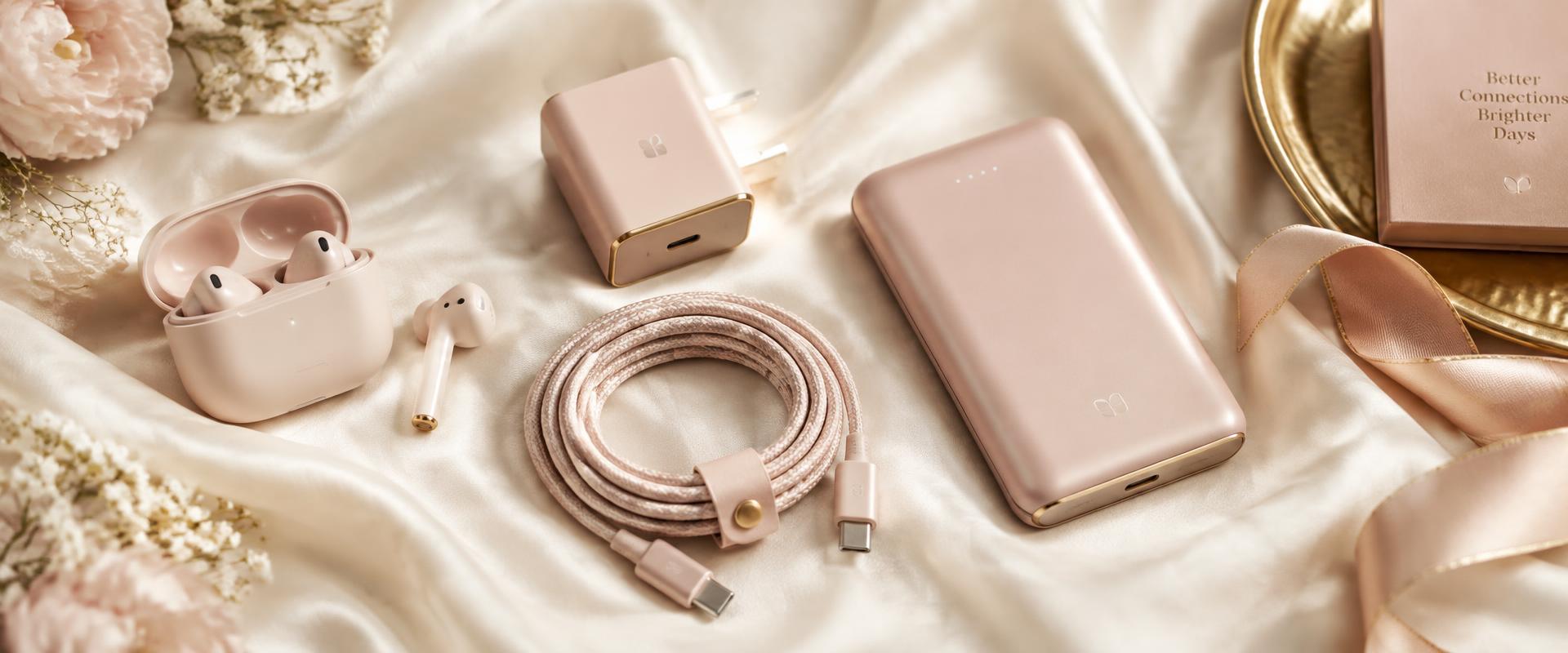 Acessórios para celular em tons rosé sobre seda creme